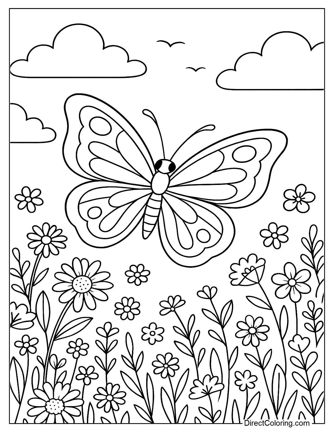 a butterfly coloring page flying through a June flower forest, in the middle of a clear blue sky